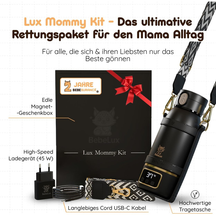 Підігрівач для дитячих пляшечок BEBELUX LUX MOM KIT – Електричний, USB-C, 36W, BPA-free, з терморегулятором, акумуляторний (Чорний)