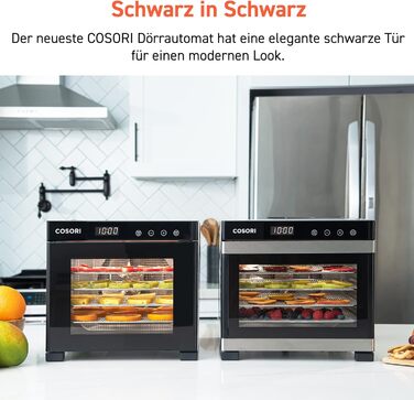 COSORI Дегідратор продуктів з 50 рецептами, 6 піддонів, 3 сітки, 3 килимки, площа 0,6 м², таймер 48 год, LED-дисплей (35°-75°C), 650W, сірий