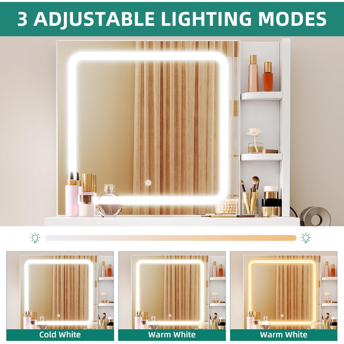 Дзеркальний туалетний столик YITAHOME з LED-підсвічуванням, білий, 115x40x134 см