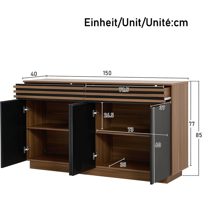 Комод з подвійними дверцятами та 3 висувними ящиками, дерев'яний, 140x40x76 см (150x40x85 см)