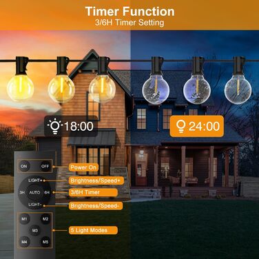 Зовнішнє струнне світло, стійке до погодних умов, 5 режимів, IP44, таймер, пульт дистанційного керування, внутрішнє/зовнішнє, сад, 30M LED G40