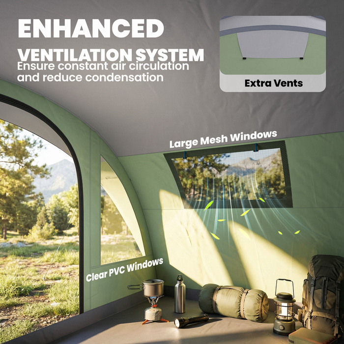 Сімейний намет-тунель на 4 особи з 2 спальнями, тамбуром, 4 вікнами, підлогою та висотою стелі. Водостійкість 3000 мм.