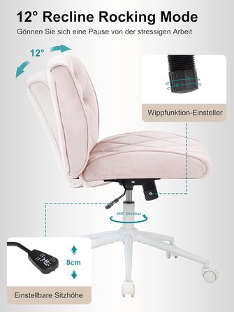 Крісло для дому та офісу Symino з регульованою висотою, функцією гойдання 12°, обшите штучною замшею, 360° обертання, ергономічне, до 150 кг, велике, рожеве