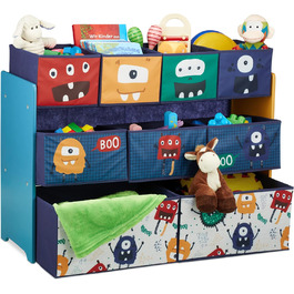 Дитяча полиця Relaxdays з 9 тканинними коробками, дизайн монстр, ВхШхГ 70 х 92,5 30 см, полиця для іграшок для дитячої кімнати, барвиста, темно-синій, бірюзовий, помаранчевий