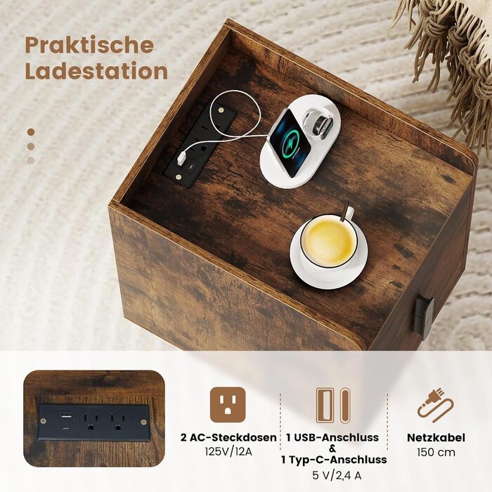 Нічний столик COSTWAY з зарядкою, вузький, 2 шухляди, металеві ніжки, для спальні/вітальні, 40 x 32 x 60 см, рустикальний коричневий