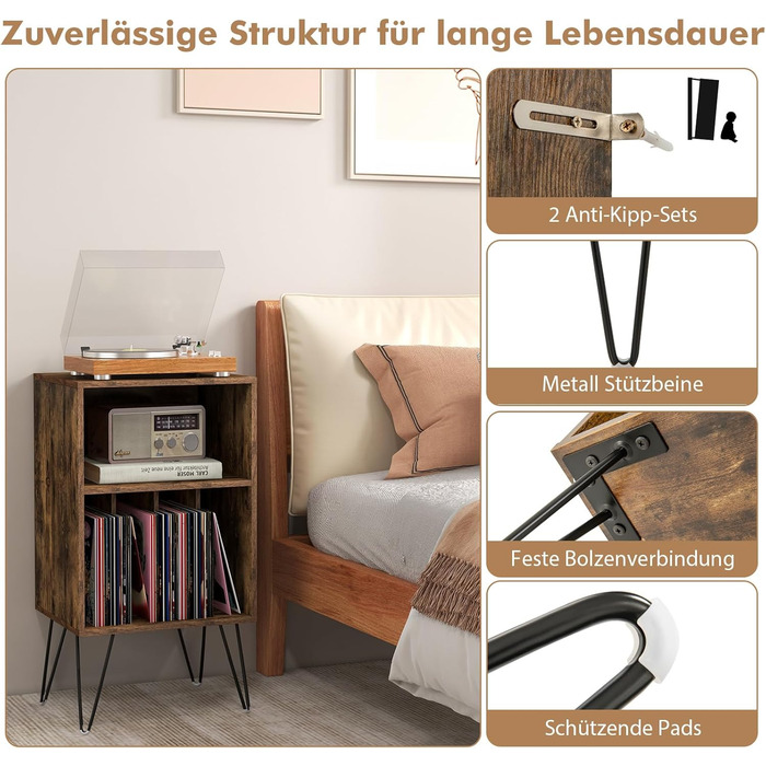 Підставка для програвача COSTWAY з зарядкою, 3-рівнева, для зберігання вінілових платівок з полицею та 4 роздільниками, 48 x 40 x 88 см (індустріальний стиль)