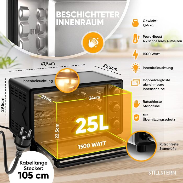 Міні-піч Stillstern Cyclone Pro+ 25L з конвекцією: духовка для приготування тостів, піци, гриля, з антипригарним покриттям, для кемпінгу