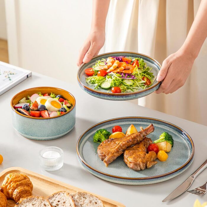 Набір посуду Vancasso Steingut, 24 елементи, на 8 осіб, блакитний, преміум-якість, серія ONION. Тарілки, салатники, миски. Галактичний дизайн.