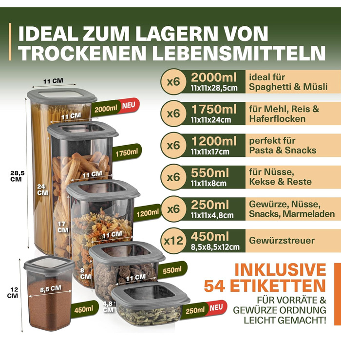 Набір контейнерів для зберігання продуктів 18 шт. – включає 2,0L контейнер для спагеті, 6 банок для спецій з дозувальними кришками, стекові контейнери з кришками, герметичні, без BPA, 52 етикетки (набір 12 шт.) + 6 дозатори спецій (набір 42 шт., сірий)