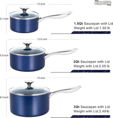 Набір каструль Michelangelo з керамічним покриттям, 1.5л, 2л, 3л, з кришкою, з нержавіючої сталі, синій, для плити та духовки