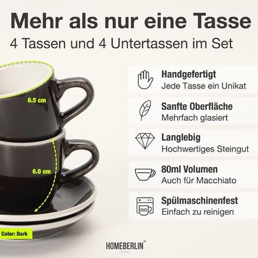 Набір еспресо-чашок HOMEBERLIN® Barista Pro - 4 шт. по 80 мл з підставками - преміум якість, ручна робота, темний глазур