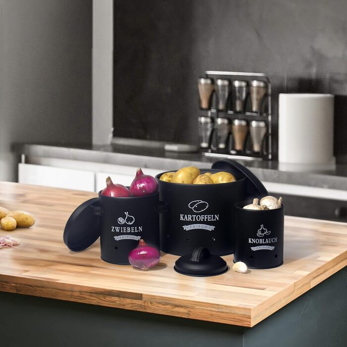 Набір контейнерів для зберігання картоплі Theo&Cleo, ретро дизайн, металевий, для кухні, чорний