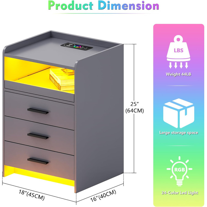 Приліжкова тумбочка Lvifur LED з функцією зарядки, 24 кольори з можливістю затемнення, 3 ящики, USB-C, сенсор, сірий