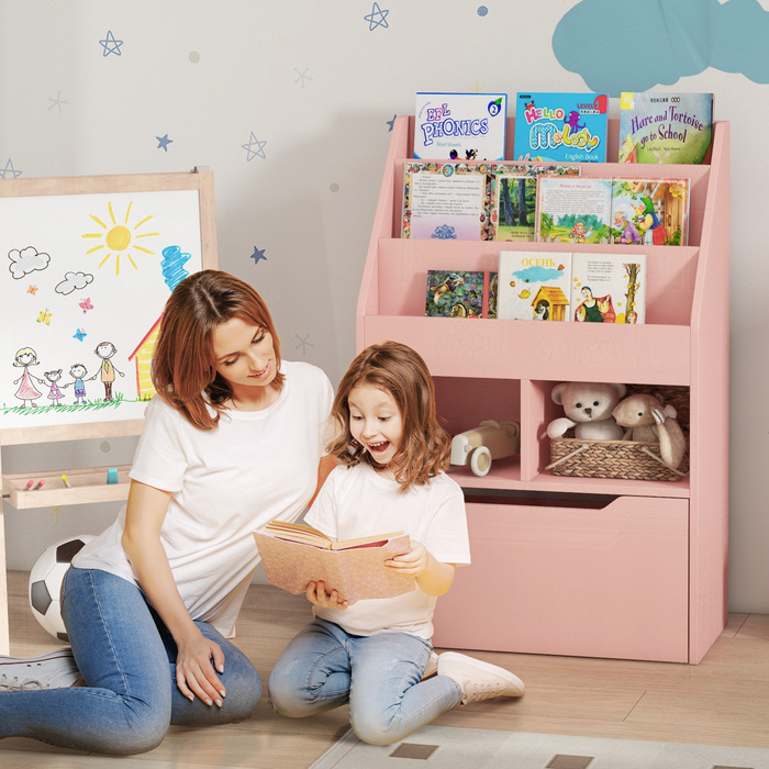 HOMCOM дитяча книжкова полиця, дитяча полиця з ящиком, 3 полицями та 2 відкритими секціями, полиця для зберігання в дитячій кімнаті, ігровій кімнаті, рожевого кольору, 60 x 29,9 x 90 см | Aosom