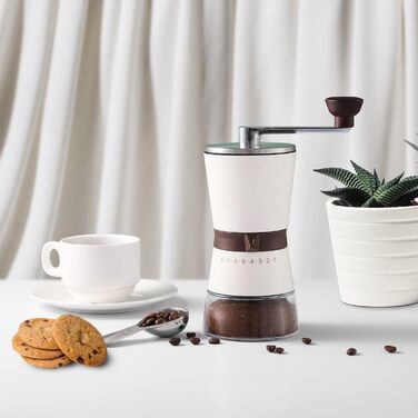Ручна кавомолка Vucchini з регульованою зернистістю, 8 ступенів, молочно-біла, Конічна, керамічна кавомолка, Портативна кавомолка для домашнього офісу і подорожей
