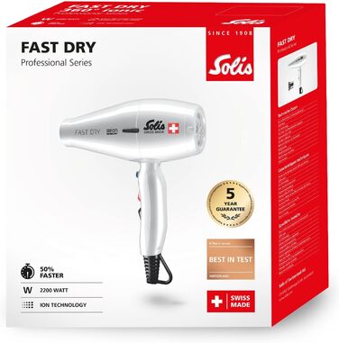 Фен Solis Quick Dry 381 - Професійний фен для будь-якого волосся - Фен з 3 налаштуваннями температури і вентилятора - Кнопка холодного повітря - Фен з іонною технологією - Срібло