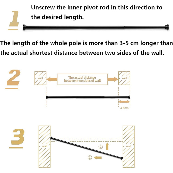Штанга для душу без свердління, 85-270 см, чорна, Ø32 мм – для ванної, балкону, шафи