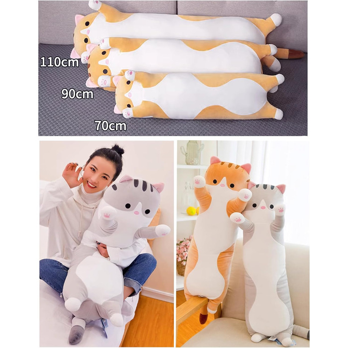 Подушка для сну Bobomon XXL Kawaii Plush Cat Side (50см, сіра, 130см)