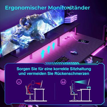 Ігровий стіл SEVEN WARRIOR з LED-підсвічуванням та розетками, з підставкою для монітора, 120 см