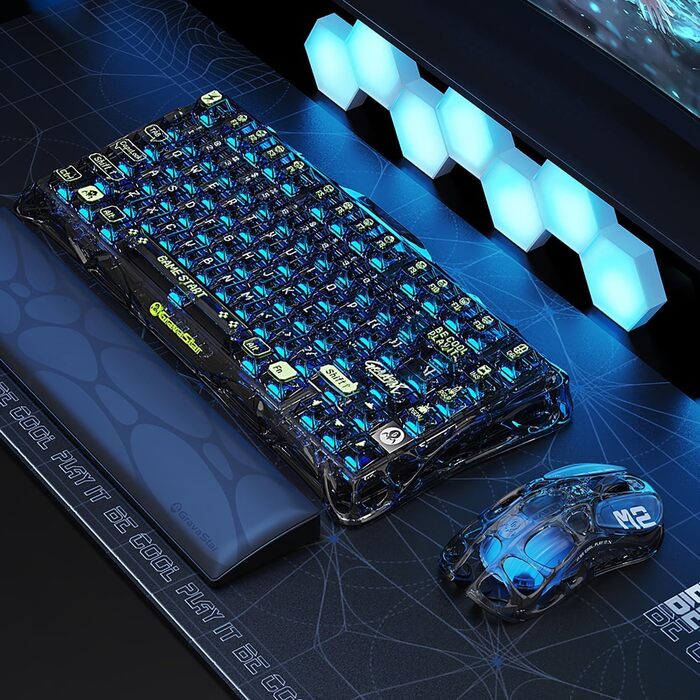 GravaStar Mercury M2 Бездротова ігрова миша з 26000 DPI, сенсор PAW3395, 79г, 5 RGB-режимів, 5 програмованих кнопок, Tri-Mode (2.4GHz/Bluetooth/кабель), для PC/Mac – (Прозорий чорний)