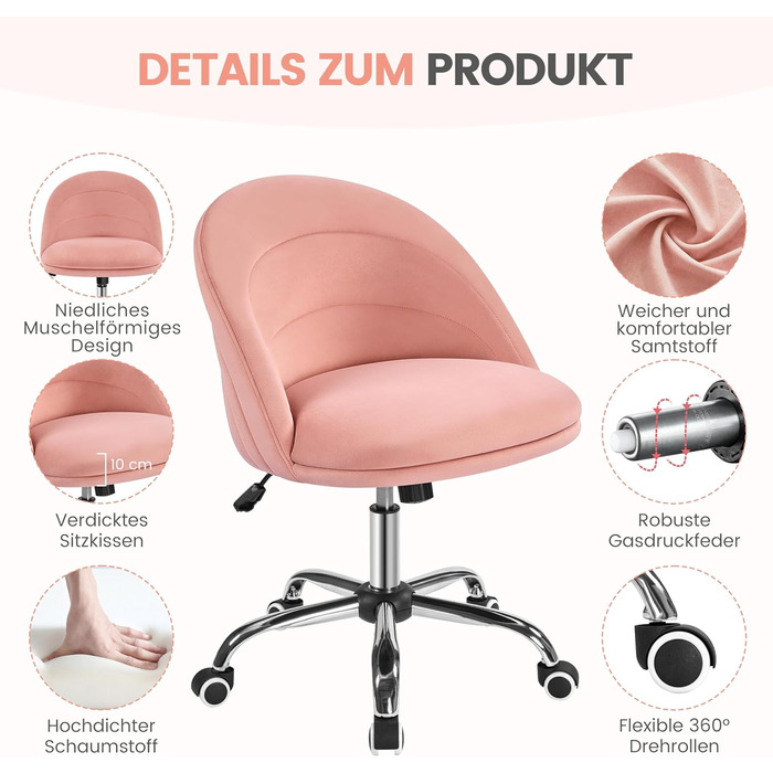 Крісло Yaheetech для дому та офісу: регульоване, обтягнуте велюром, з поворотним механізмом, до 136 кг, білий/рожевий