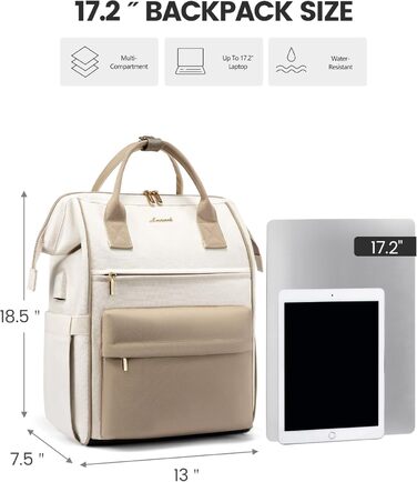 Сумка-рюкзак LOVEVOOK для жінок, велика, 17.3 дюйми, для ноутбука, роботи, подорожей, школи, університету, офісу, водовідштовхувальний, бежевий