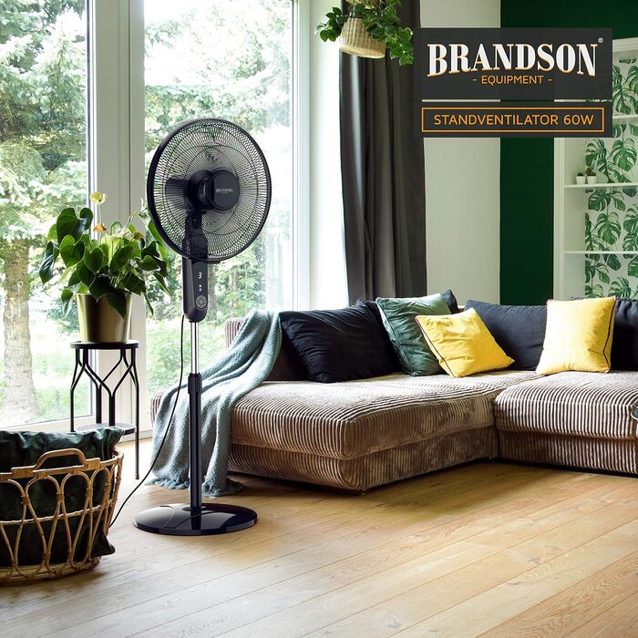 Вентилятор Brandson підлоговий, 60 Вт, з пультом, дисплеєм, осциляцією 80°, регульована висота, 3 швидкості, нахил голови 35°, чорний