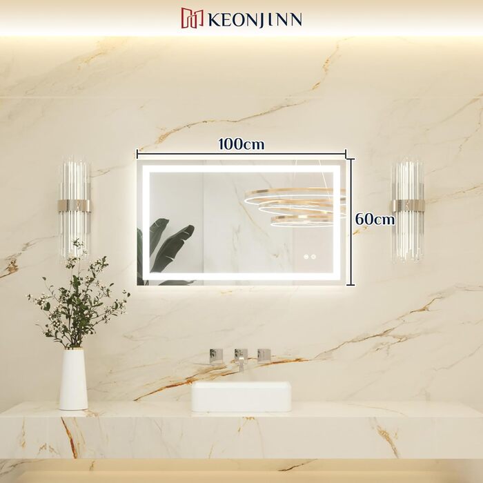 Дзеркало для ванної кімнати Keonjinn з підсвічуванням 50x70 см, без запотівання, LED, сенсорне керування, 3 кольори, регулювання яскравості, пам'ять, без рамки