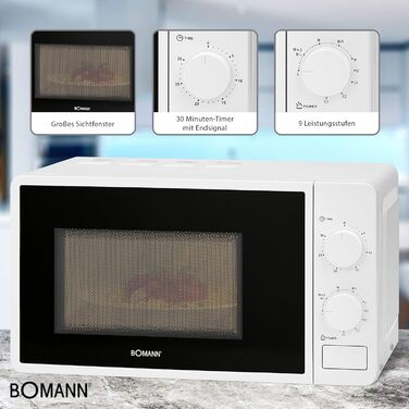 Мікрохвильова піч Bomann MWG 6015 CB з грилем / мікрохвильова піч 700 Вт потужність відблиску 800 Вт / таймер на 30 хвилин з кінцевим сигналом/освітленням варильної камери/білий Білий