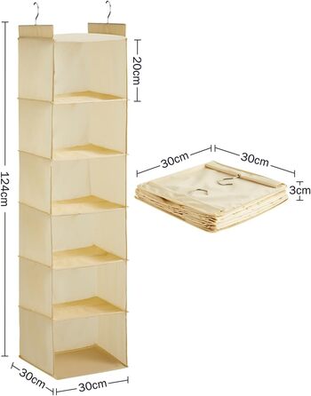 Підвісна полиця Органайзер для гардеробу, 6 відділень, тканина Оксфорд, металевий гачок, бежевий
