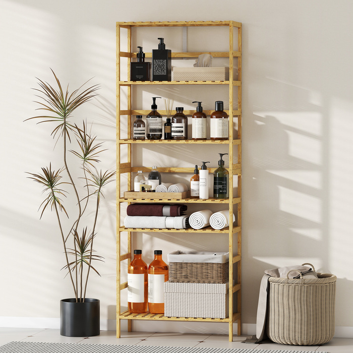 Стелаж з 6 полицями з бамбука, регульовані полиці, окремо стоячий стелаж для зберігання, натуральне дерево