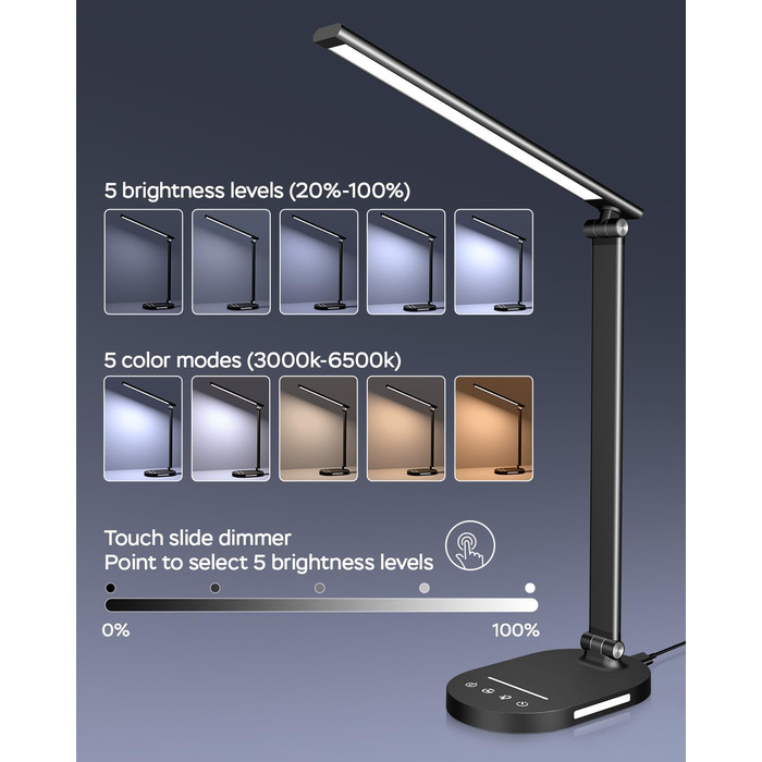 Світлодіодна настільна лампа HASKARE, з регулюванням яскравості, 5 рівнів кольору та яскравості, USB, з адаптером живлення (чорний)