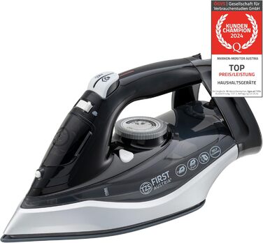 Пароочисник TZS First Austria I 2290-2720W | Керамічна підошва, Самоочищення, Вертикальний пар, Anti-Kalk, Сухе прасування, 0.3л резервуар, 1.2 кг | Чорний/Білий