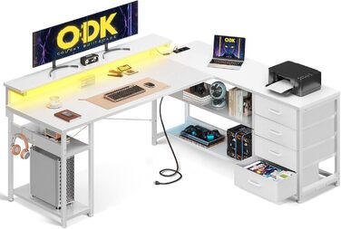 Письмовий стіл ODK з шухлядами, кутовий, з 2 розетками та 2 USB-портами для зарядки, L-подібний офісний стіл з LED-підсвічуванням для дому та офісу, 155×110 см (білий)