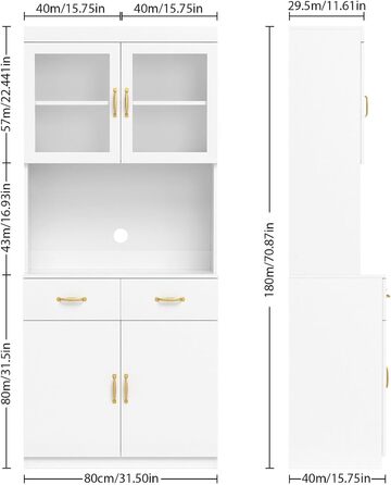 Кухонна шафа VOWNER з робочою поверхнею, буфет на 4 дверцята, шафа-вітрина, буфет з регульованими полицями, 80 x 40 x 180 см, для кухні, вітальні, офісу, їдальні (білий)