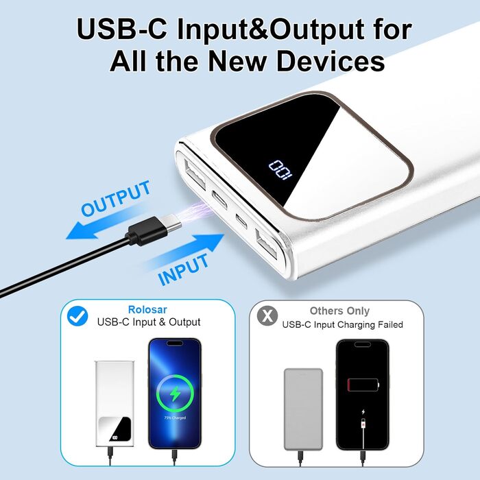 Швидка зарядка USB-C, LED дисплей, для iPhone 15/14/13/12, сріблясто-білий, 10000mAh