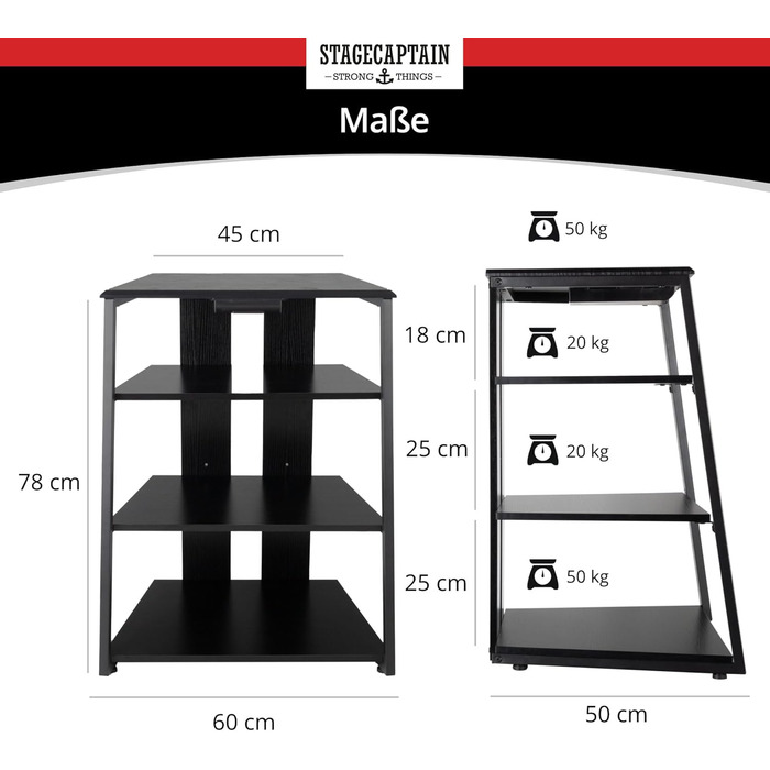 Регульована стійка Stagecaptain для Hi-Fi обладнання з 4 рівнями, чорне дерево, сталевий каркас, витримує до 50 кг