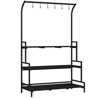 Outsunny Plant Stand Підставка для квітів з 3 ярусами та 6 гачками, сталеві сходи для рослин у чорному кольорі, 110x50x170см для саду та балкона