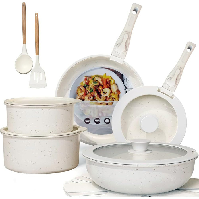 Набір посуду MDHAND 17 частин з гранітною емалевою поверхнею, антипригарне покриття, знімні ручки. Включає сковорідки, каструлі та супові горщики для приготування, смаження та тушкування.