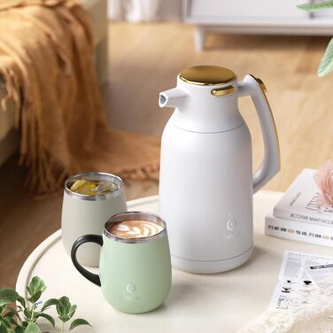 Термос IDEUS 2л з нержавіючої сталі, двостінний, вакуумна ізоляція, для кави та чаю, BPA-free, колір Celadon (білий та золотий)