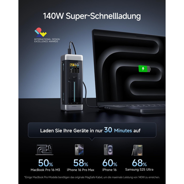 Power Bank CUKTECH 20: 25000mAh, 140W, PD3.1, 3 порти, Digital Display, USB-C для MacBook, Xiaomi, Galaxy, iPhone