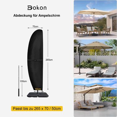 Захисний чохол для парасольки/газонокосарки, Ø 400 см / 300x300 см, водовідштовхуючий, стійкий до вітру та УФ-випромінювання, для садових/ринкових парасольок (Чорний, 265x70/50 см)