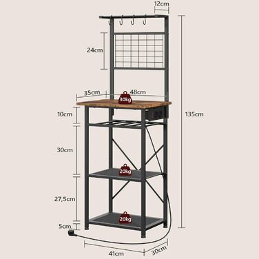 Стелаж для кухні з розетками, підлоговий, бакалійний, 35 x 48 x 135 см, 4 гачки, станція для кави з тримачем для пляшок та гачками, вінтажний коричневий та чорний ABRHR23UE01