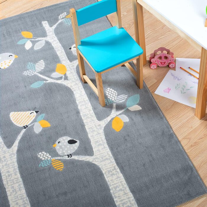 Килимок Domdeco Baby & Children's Rug YLVIE, висотою 7,5 мм з коротким ворсом, з мотивом птаха, для дитячої/дитячої/ігрової кімнати, з синтетичних волокон, темно-сірий 120x170см Сірий 120 x 170 см