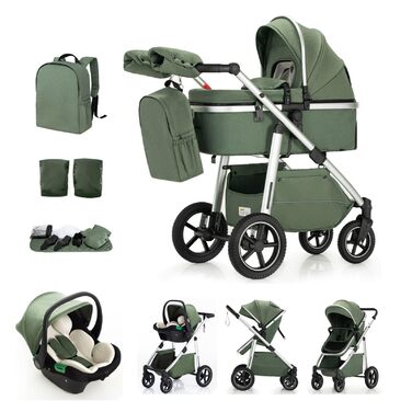 Дитяча коляска 3-в-1 | Комбінована коляска з автокріслом | Візок з регульованою ручкою | Алюмінієвий каркас | Москітна сітка | для новонароджених 0-4 роки, Зелений