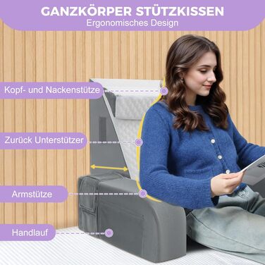 Велике подушко-крісло для читання Babenest з підлокітником, високоеластична піна, ергономічна підтримка спини, подушка для шиї та підголівник, подушка для рефлюксу для сну, ігор, перегляду телевізора для ліжка та дивану, білий та сірий