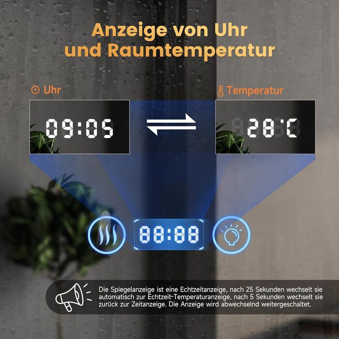 Дзеркало для ванної кімнати YOLEO з підсвічуванням 70см, LED дзеркало з Bluetooth, сенсорне управління, захисне скло, 3 кольори світла, регулювання яскравості, 70x70 см