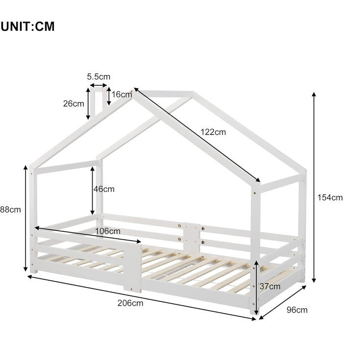 Дитяче ліжко-хатинка 90x200 см з сосни, дизайн хатинки, для дітей (біле)
