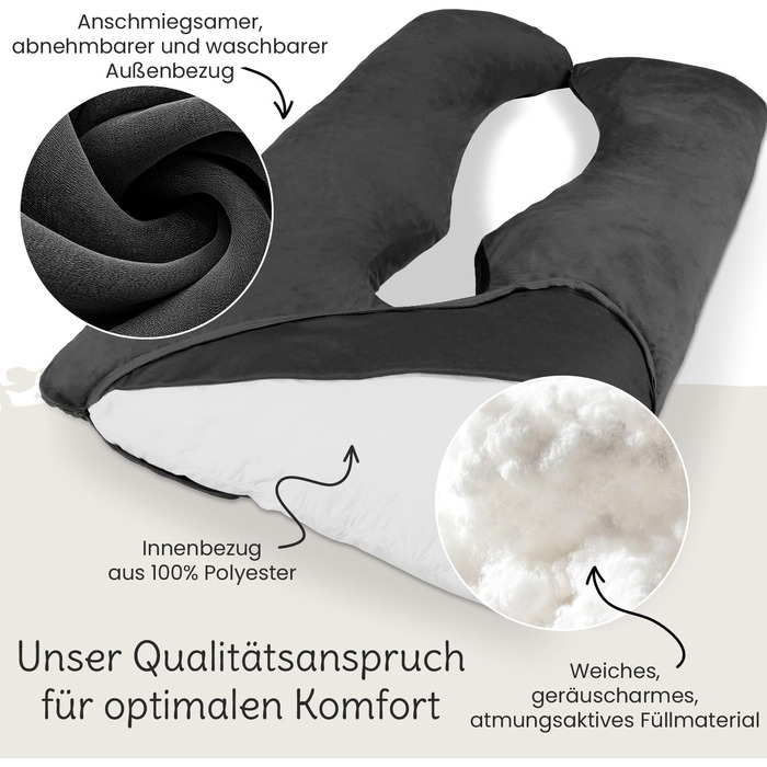 Подушка для вагітних ELONEO XXL, подушка для сну на боці, вагітність, велика U-подібна подушка, подушка для годування з м'яким, знімним та пральним чохлом, сіра антрацит