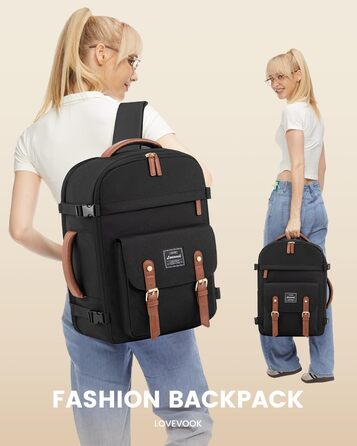 Рюкзак LOVEVOOK для ручної поклажі в літак, жіночий, водонепроникний, універсальний, для ноутбука 17 дюймів, шкільний, для студентів, подорожей, чорний/коричневий, 45x32x15 см